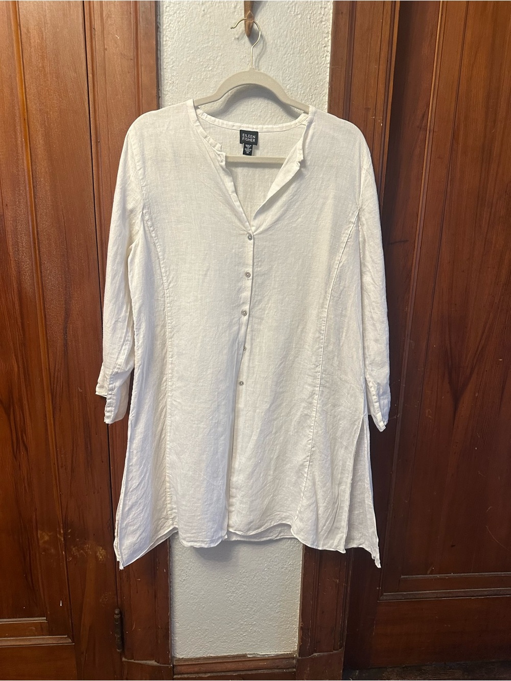 Eileen Fisher White Linen Button-Down Tunic Dress Top